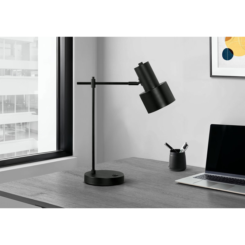 Lighting, H 21 po, lampe de table, port USB inclus, métal noir, abat-jour noir, moderne