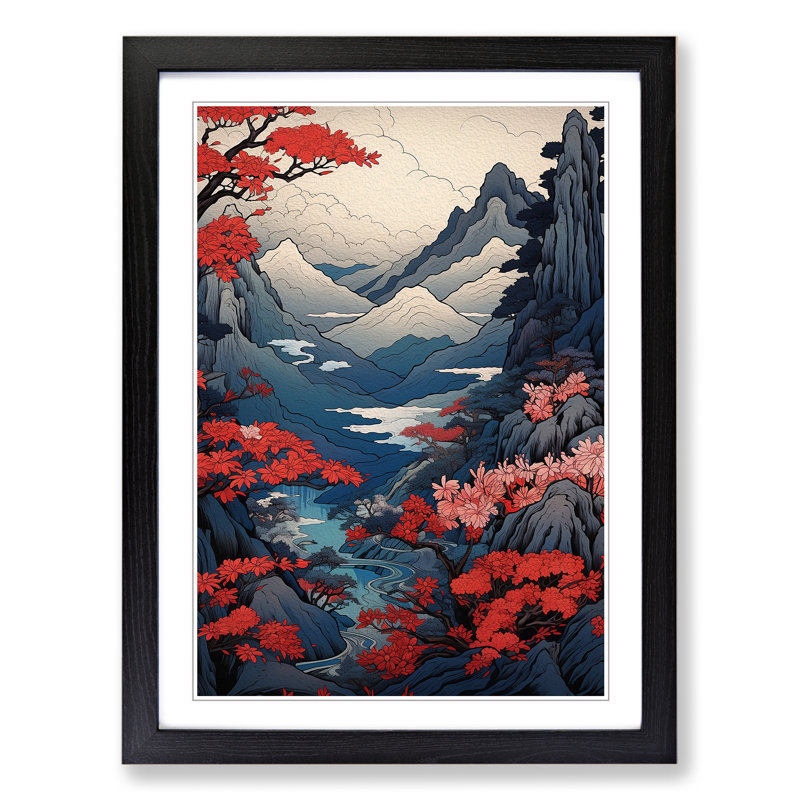 Japanese Mountains Art Nouveau - Framed Print, Black Framed, 46cm H x 34cm W x 2cm D