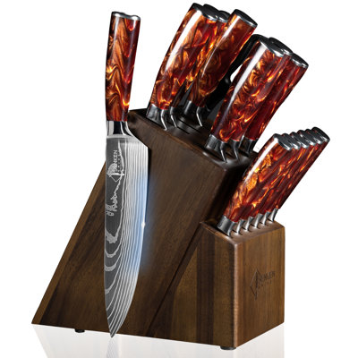 Senken Knives 16-Piece Acacia Knife Block Set - High Carbon Blades & Beautiful Resin Handles