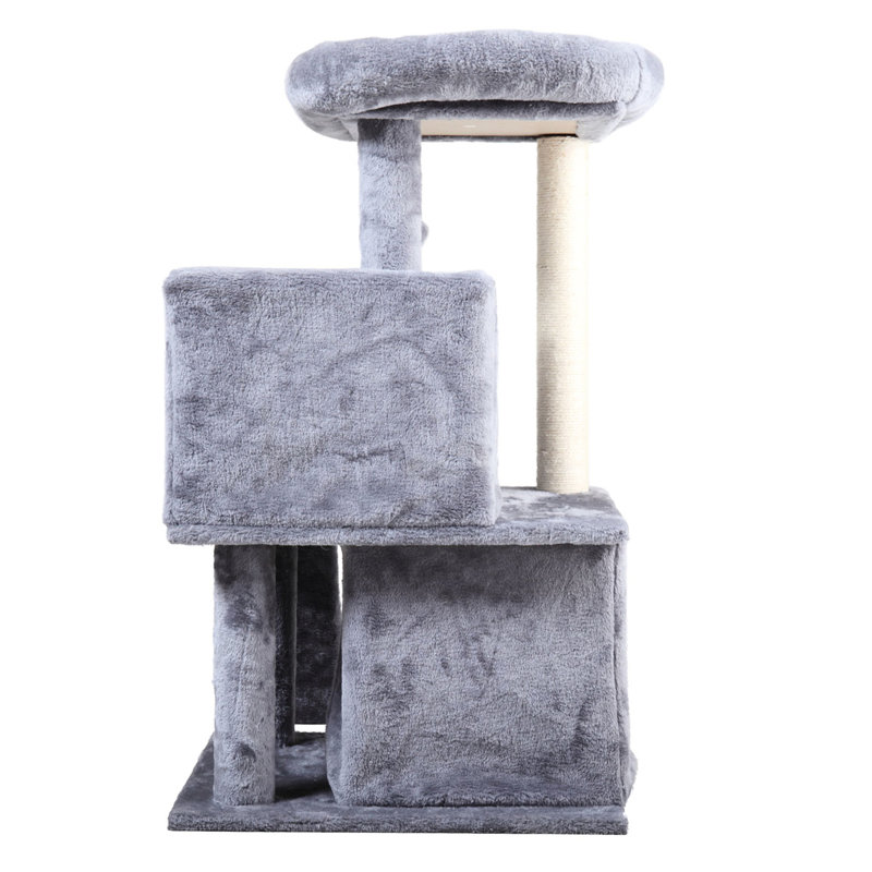 Arbre à chat double couche avec maison et de couleur grise, fait de flanelle de panneau de particules, taille 19,7 * 17,7 * 34 pouces, 25,32 lb, stable, zones de sommeil, décoration, simple à assembler