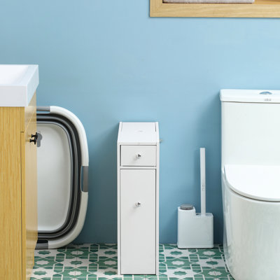 Armoire de salle de bain moderne - blanc, grand espace avec tiroirs pour articles de toilette et produits de nettoyage, armoire de rangement étroite en bois, articles de toilette à compartiments multiples
