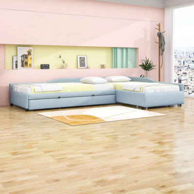 Twin and Twin Upholstered Daybed with Twin Trundle and Drawer