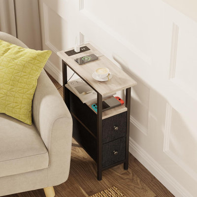 Slim Side Table With Charging Station, LED Light, 2 Fabric Drawers For Bedroom, Living Room