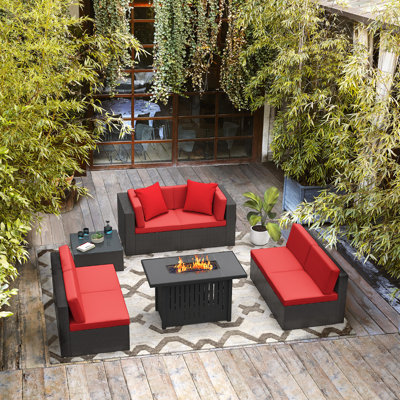 6-Persons Rattan Patio Furniture Conversation Set with 43" Gas Propane 50000 BTU Fire Pit Table Outdoor Sectional Sofa for Backyard