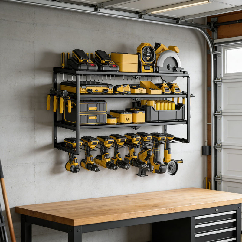 Rangement robuste pour outils électriques - Support de rangement à 4 niveaux pour perceuses, outils et accessoires, Noir