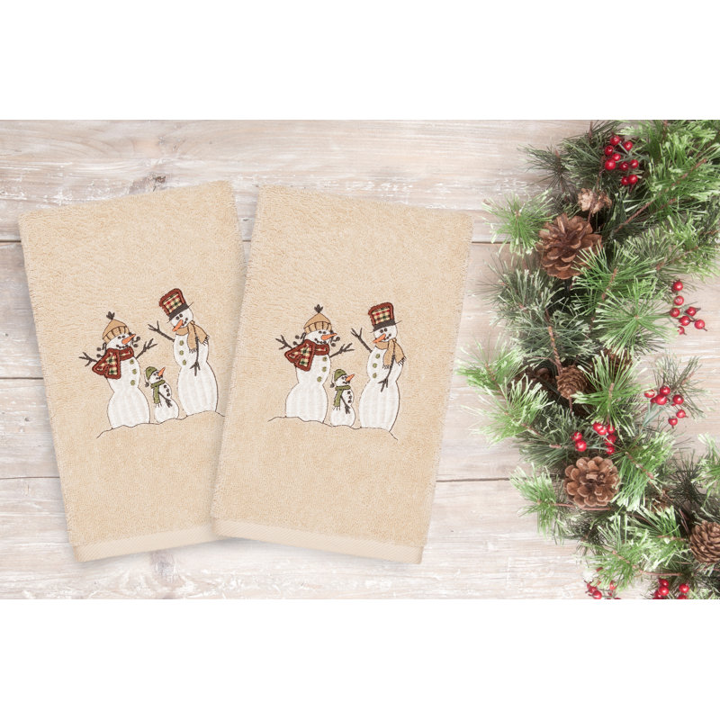 Christmas Snow Family Embroidered Luxury Turkish Cotton Hand Towel, Sand