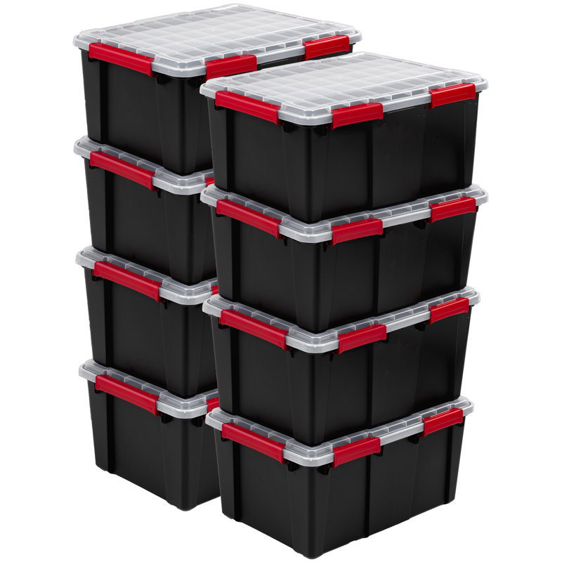 Sterilite 20 Gal Gasket Box, Stackable Storage Container with Lid, Black, 8 Pack