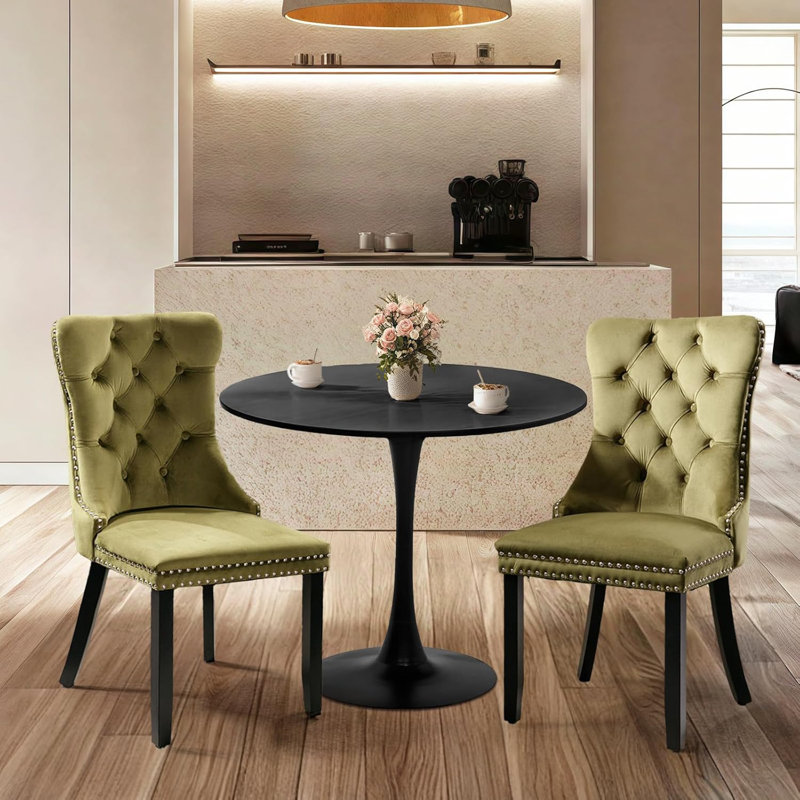 Round Dining Table Sets with 2 chairs, Black, Olive Green/Black