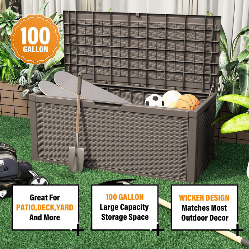 Tan Lockable Plastic 100 Gallon Deck Storage Box Bench