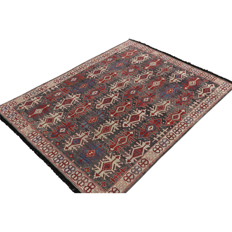 Caucasian Rug In Gray, Red & Blue Geometric Pattern By Rug & Kilim, Rectangle 4' x 6'