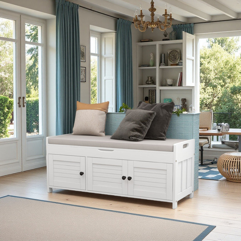 Upholstered Storage Bench with 2 Cabinets, White