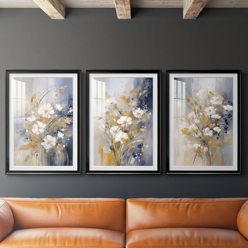 FLORAL Series CECXIV - Impression sur mesure encadrée de qualité supérieure - 3 pièces, H 21 po x l 30 po, Noir