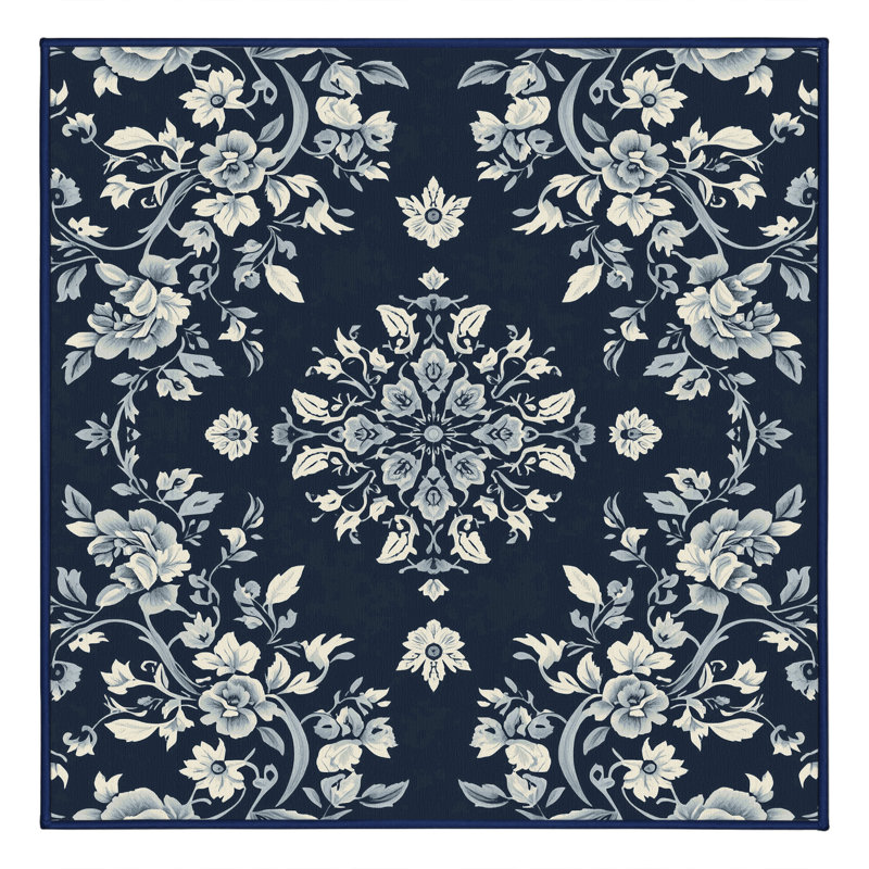Machine Washable Pantelis Traditional Floral Rug in Gray – Binding, 5' Square