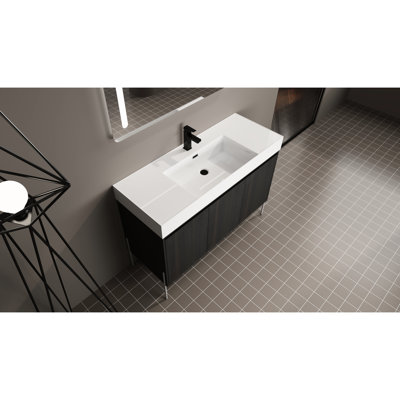 Meuble-lavabo 48 po en chêne foncé avec lavabo en résine et rangement polyvalent sur pied
