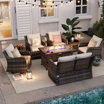 8 Pieces Patio Furniture Set With 43" Fire Pit Table, Wicker Patio Conversation Set With Swivel Rocking Chairs, Outdoor Patio Set For Lawn Backyard P by Lark Manor