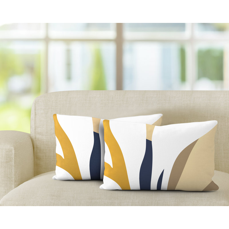 Embroidered Outdoor Reversible Throw Pillow, Yellow/Navy Blue/Beige
