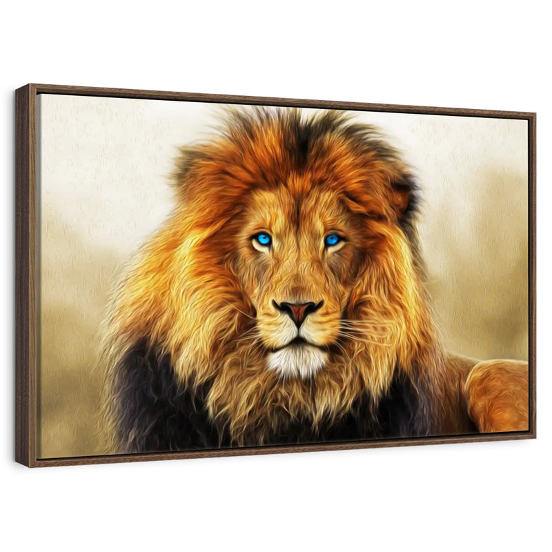 Lion aux yeux bleus, 13 po x 9 po, Cadre flottant en noyer