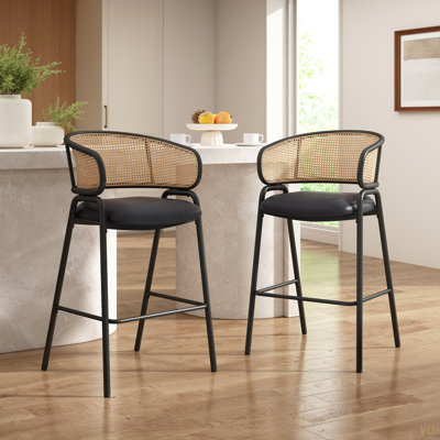 Ethan Indoor Metal Upholstered Barstool, Faux Leather Seat With Wowen Rattan Decorated Backrest, Set Of 2