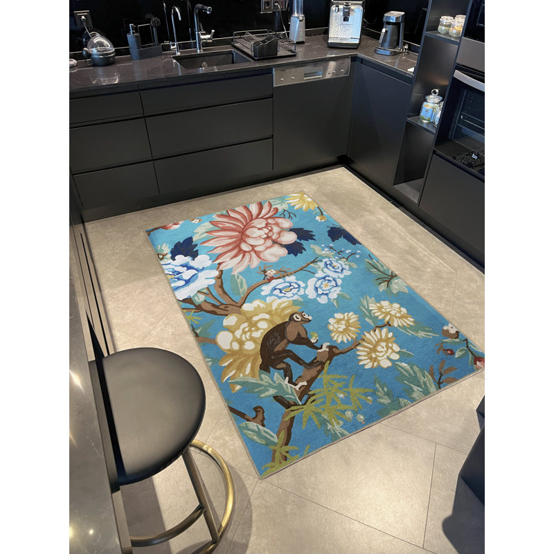Tapis décoratif moderne à motif de fleurs et de singes de ton bleu, Rectangle 3 pi 10 po x 4 pi 11 po