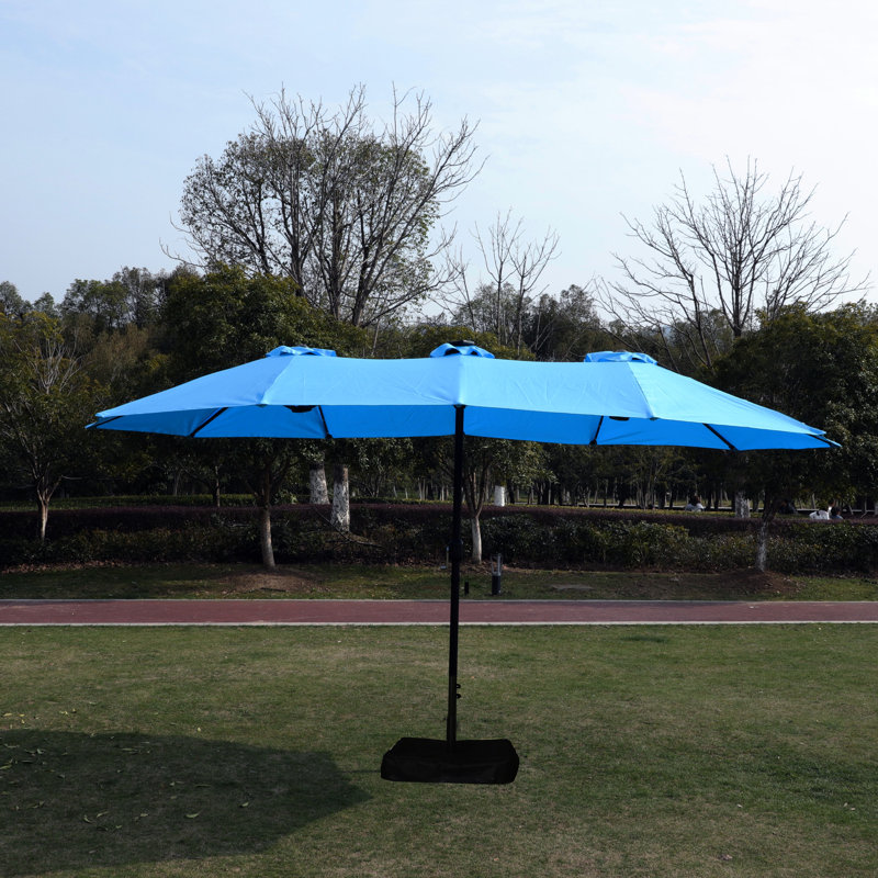 Grand parasol de patio rectangulaire près de la piscine avec - double base extérieure bleue 15 pi
