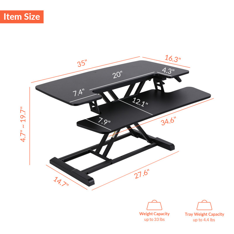 Desk Converter with Removable Keyboard Tray, Black/Black, 19.6" H x 42" W x 16" D