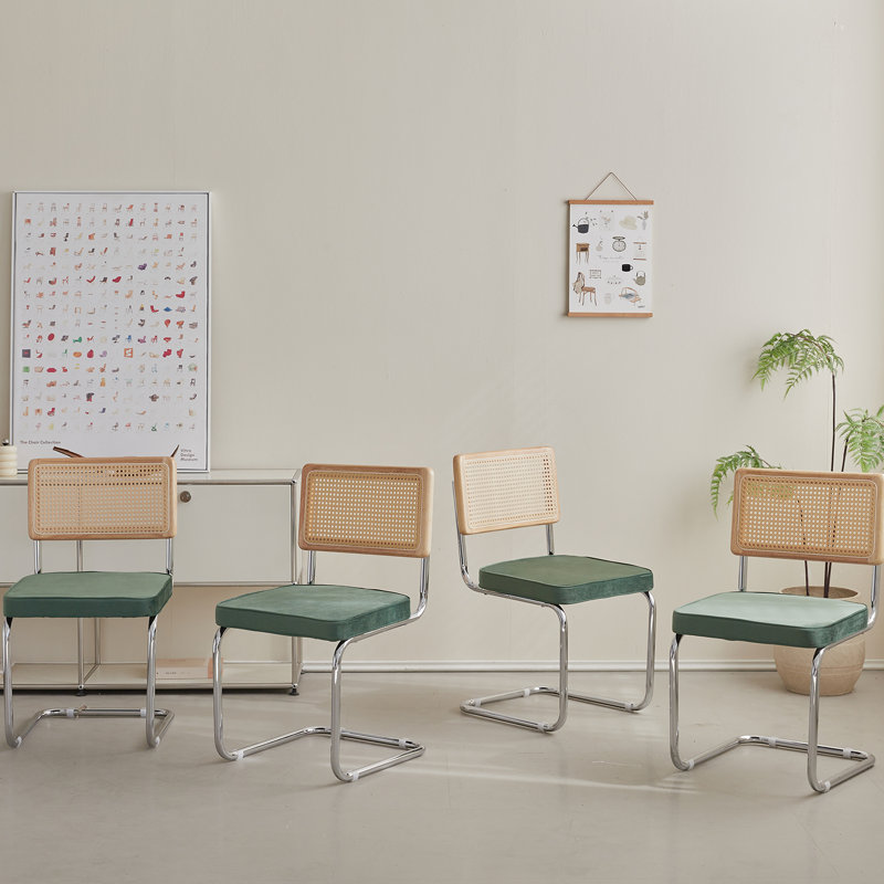 Chairs - Scandinavian Velvet Dining Chair - Rattan Back Chair - Metal Legs, Green, 4