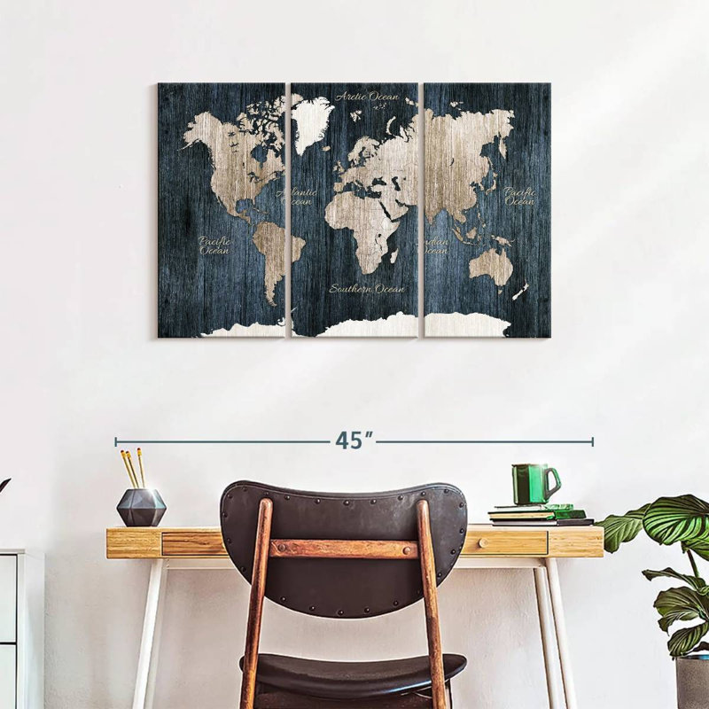 Carte du monde en bois vieilli, ensemble de 3 reproductions sur toiles 3 pièces, H 24 po x l 38 po x P 1,25 po