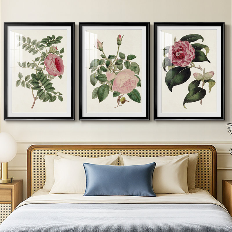 Mélange de fleurs roses I - impression encadrée sur mesure de qualité supérieure mate - 3 pièces, H 21 po x l 30 po, Noir