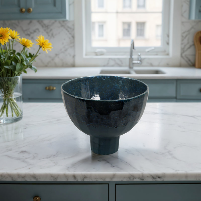 Handcrafted Pottery Earthenware Vase with Textured Glaze and Modern Pedestal Design