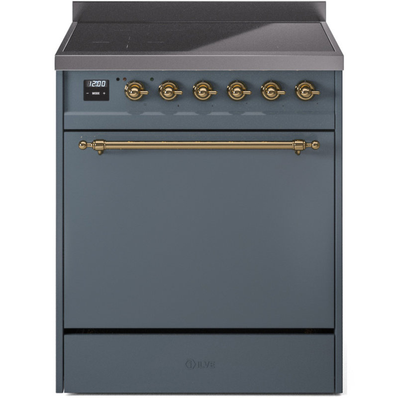 ILVE Nostalgie II Series 30 inch Induction Range with 4 Induction Elements (Solid Door), Blue Gray/Brass