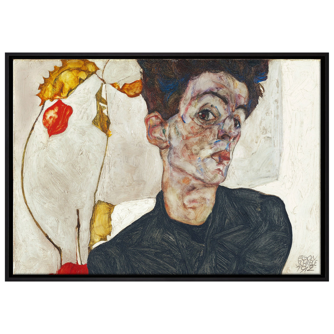 Gerahmter Kunstdruck Leinwandbild Selbstporträt mit Physalis von Egon Schiele