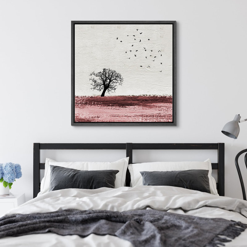 Birds Fly Over Pink Field with Tree, reproduction d'art sur toile, Noir, H 16 po x l 16 po