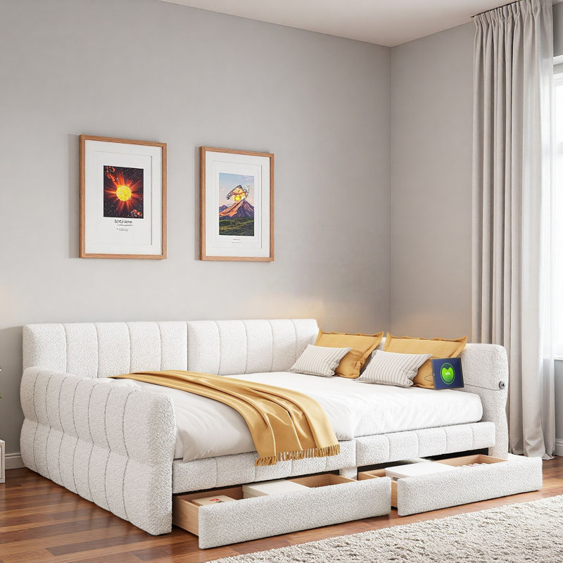 Upholstered Daybed With Usb And 2 Drawers, White