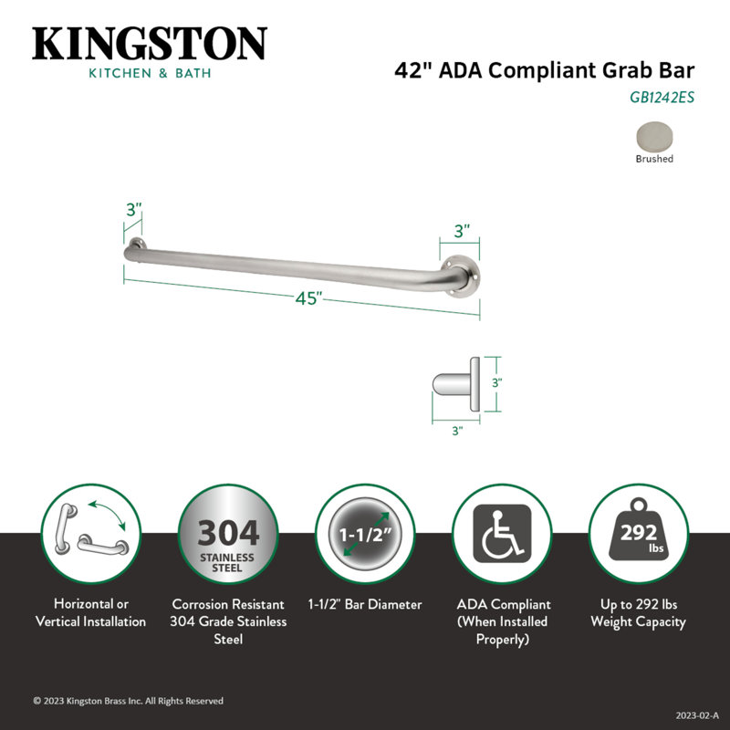 Kingston Brass Made To Match 1-1/2 Inch O.D Grab Bar, 42" W