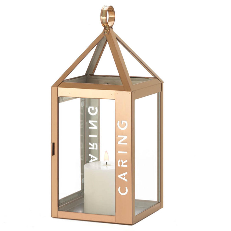 LARGE ROSE METAL CARING LANTERN, 17.5'' H x 7'' W x 7'' D