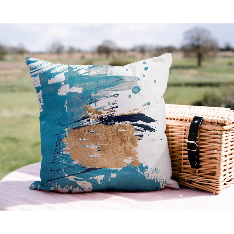 Coussin décoratif intérieur / extérieur Sarian, L 17 po x H 17 po, Turquoise / or / blanc