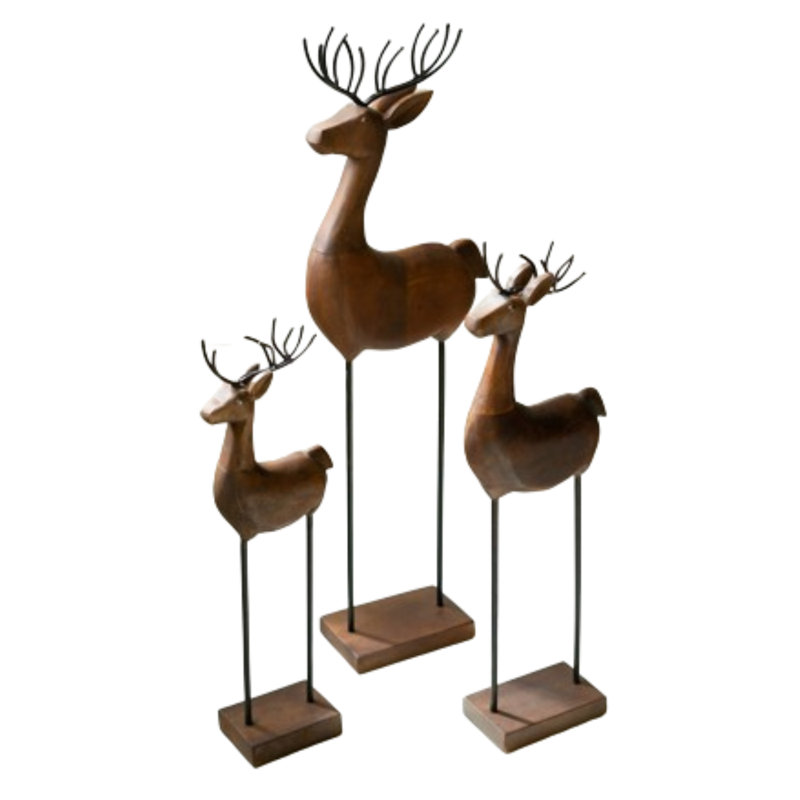  Carved Wood and Iron Reindeer Figurines – Set of 3