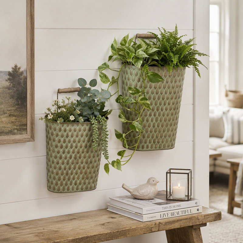 Set of 2 Textured Iron Hanging Planters with Arched Handles