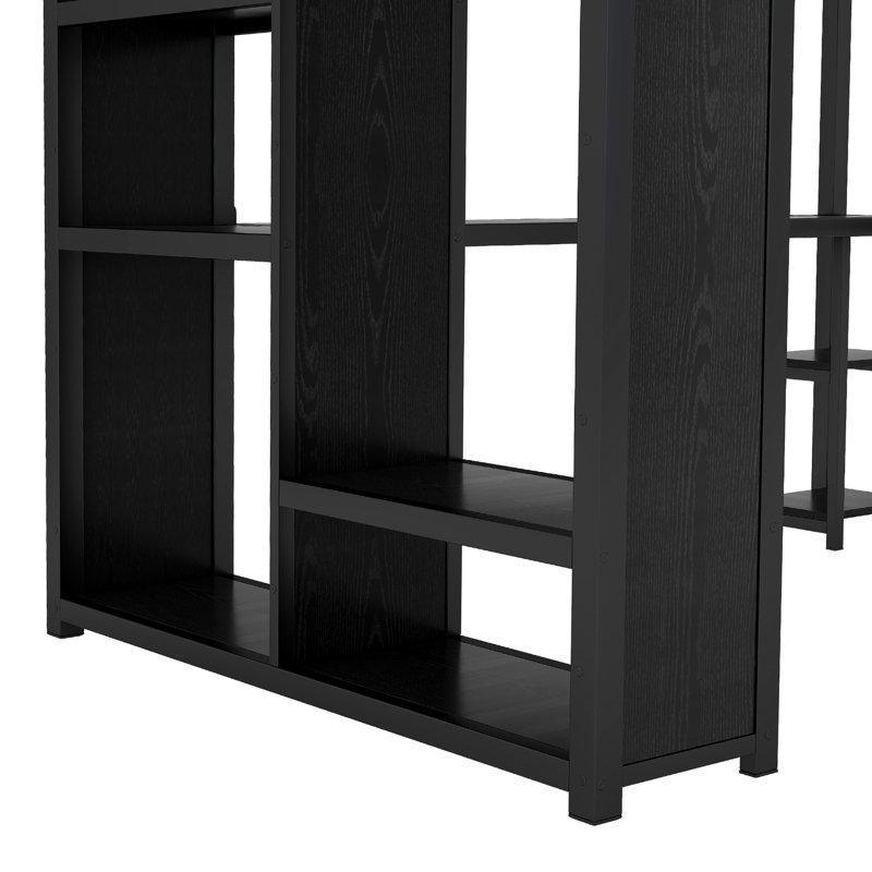 Structure de lit mezzanine en métal avec garde-robe intégrée, bureau et tablettes de rangement, Grand