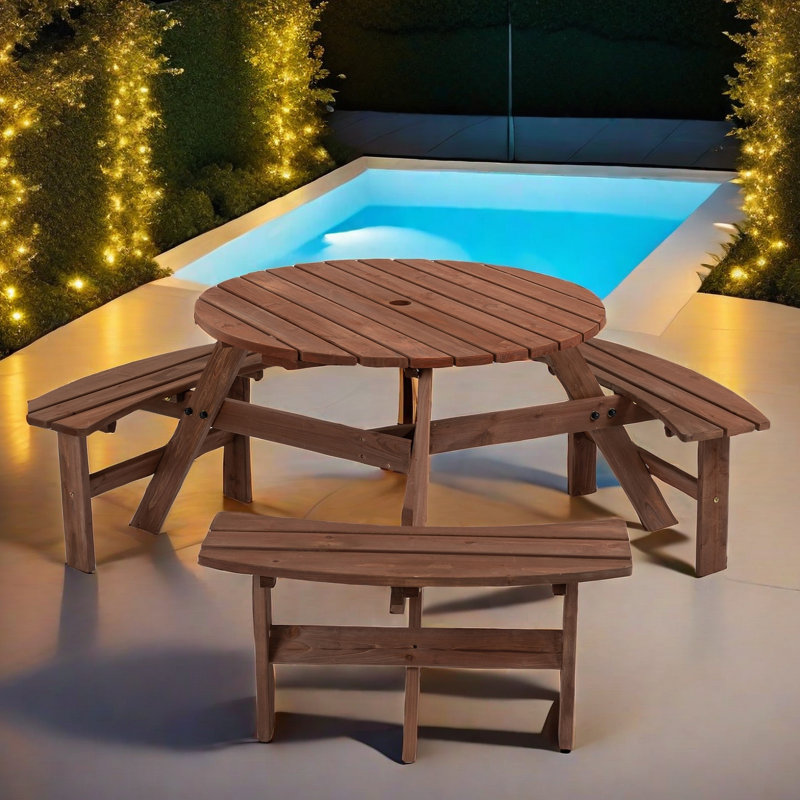 Table de pique-nique en bois Ewa pour 6 personnes avec 3 bancs intégrés, Brun