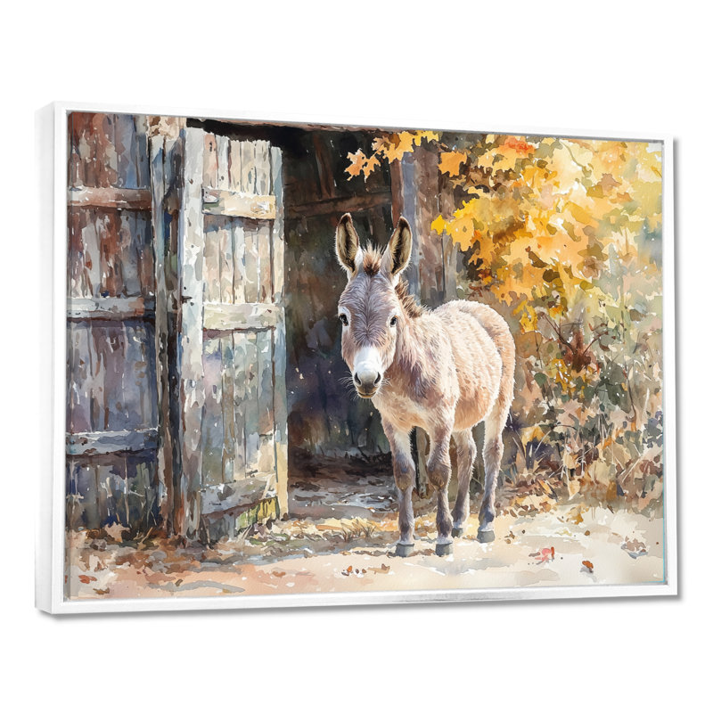 Dunnum Donkey S Path Tot Hye Barn II - âne, art mural, H 30 po x l 40 po, Picture Framed, Blanc