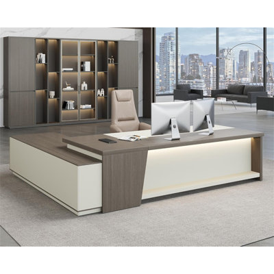 Bureau de direction en forme de L 79 po avec tiroirs, bureau moderne avec DEL et prises de courant, grand bureau de coin