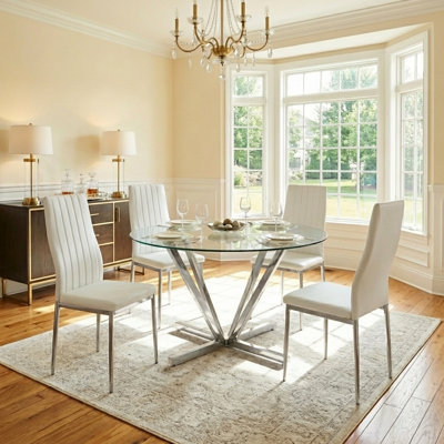 45.2" 5-Pieces Dining Set, Round Glass Dining Table Set for 4, Modern Tempered Glass Table With 4 PU Leather Upholstered Chairs, for Kitchen, Dining Room,  Apartment