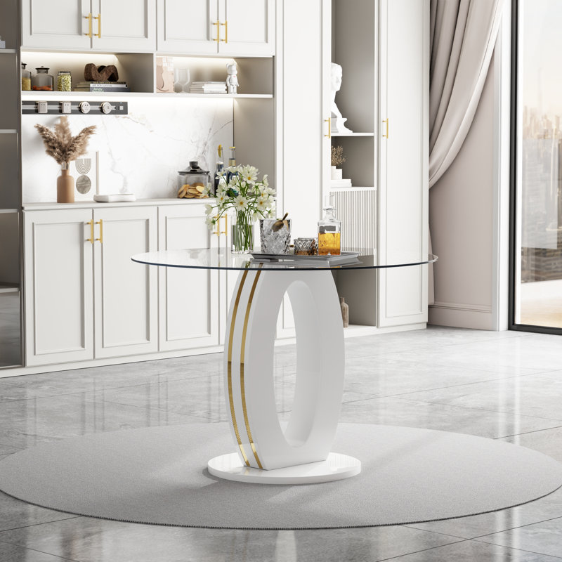 Table de salle à manger de 47,2 po en verre transparent de luxe moderne pour 4 à 6 personnes, table de cuisine moderne avec plateau en verre trempé et pieds en acier inoxydable, table de salle à manger circulaire pour la maison, le salon, l’appartement