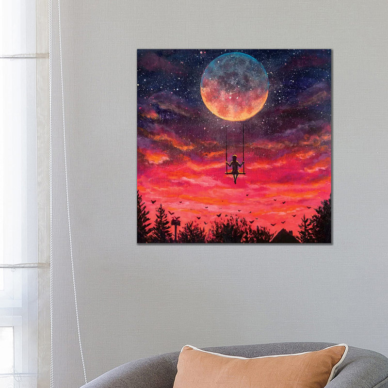 Man Riding On Big Moon Planet Earth by Valery Rybakow - Painting on Canvas, 66.04cm H x 66.04cm W x 3.81cm D, Wrapped Canvas