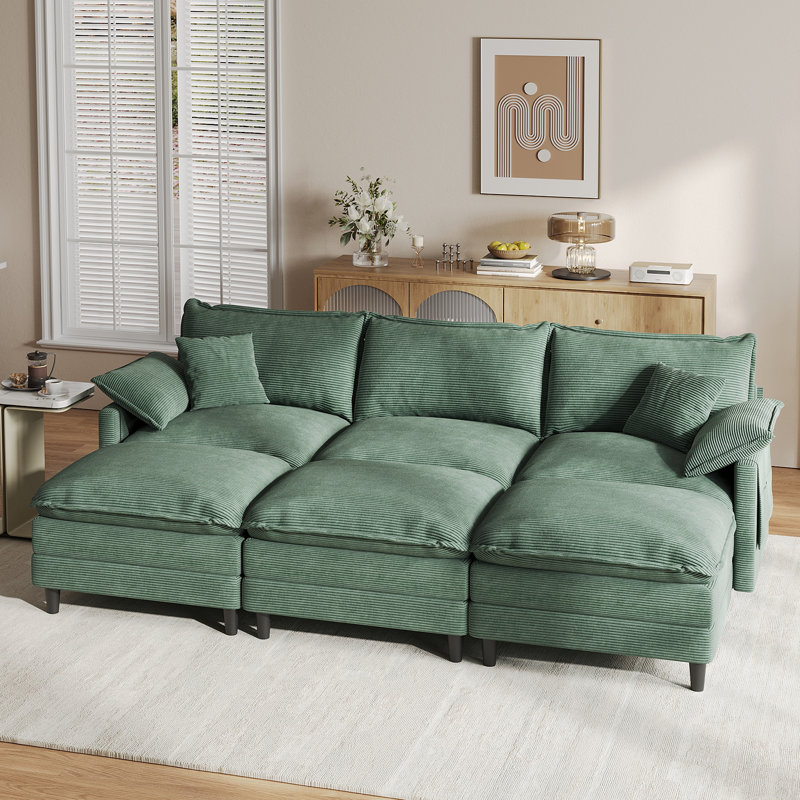 108'' Comfy U Shaped Sectional Modular 6-piece Cloud Sofa With 3 Ottomans Tool-free Easy Assembly Corduroy Fabric, Green