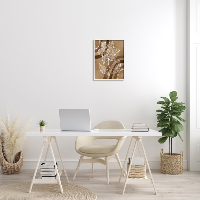 Fleur de mandala blanche à rayures brunes par Ziwei Li, L 16 po x H 20 po, Giclée encadrée noir minuit