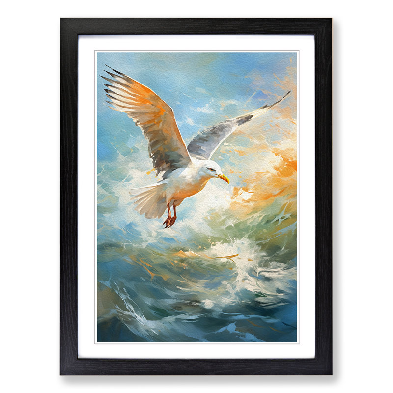 Seagull Impressionism - Single Picture Frame Print on Wood, 64cm H x 46cm W x 2cm D, Black