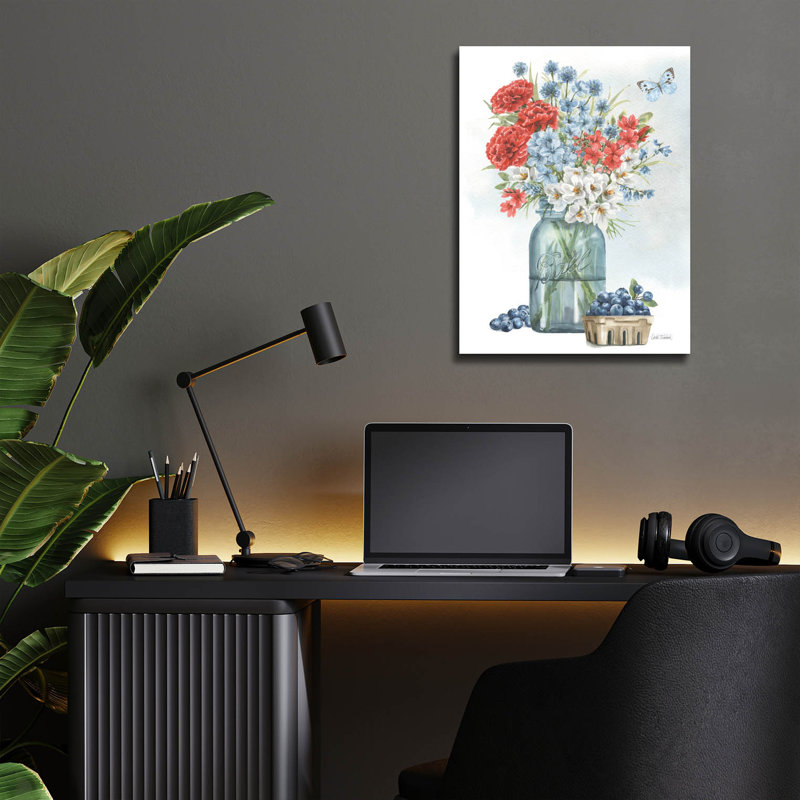 Art mural en verre épique «Red White and Blue Floral 2» par Leslie Trimbach, H 16 po x l 12 po x P 0,13 po