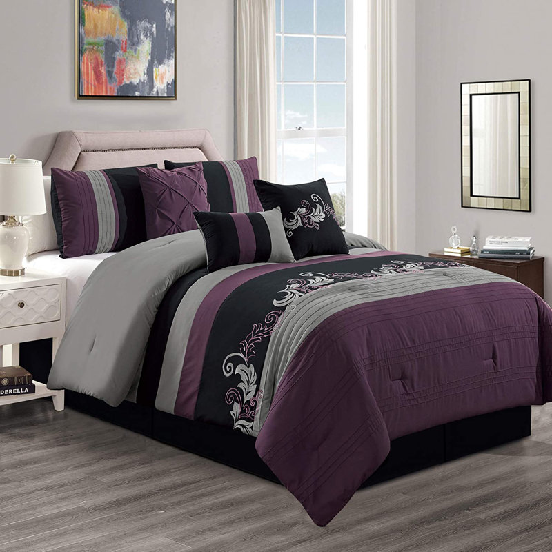 Floral Embroidered Microfiber 7 Piece Comforter Set, Full Comforter + 6 Additional Pieces, Purple/Gray/Black